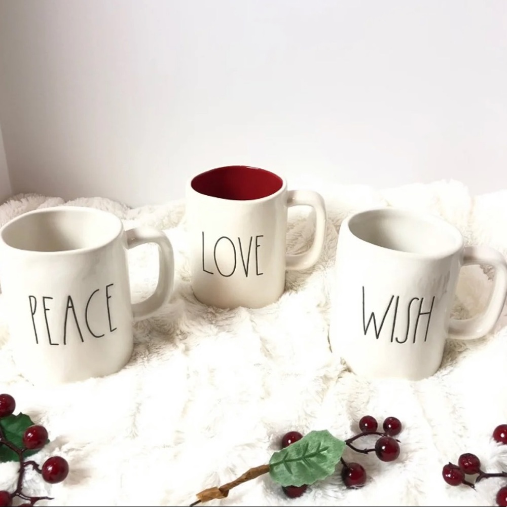 Rae Dunn peace, wish, love red interior Mug Set
